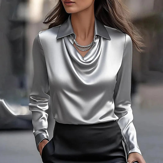 Milan Chic Silky Satin Draped Neck Blouse