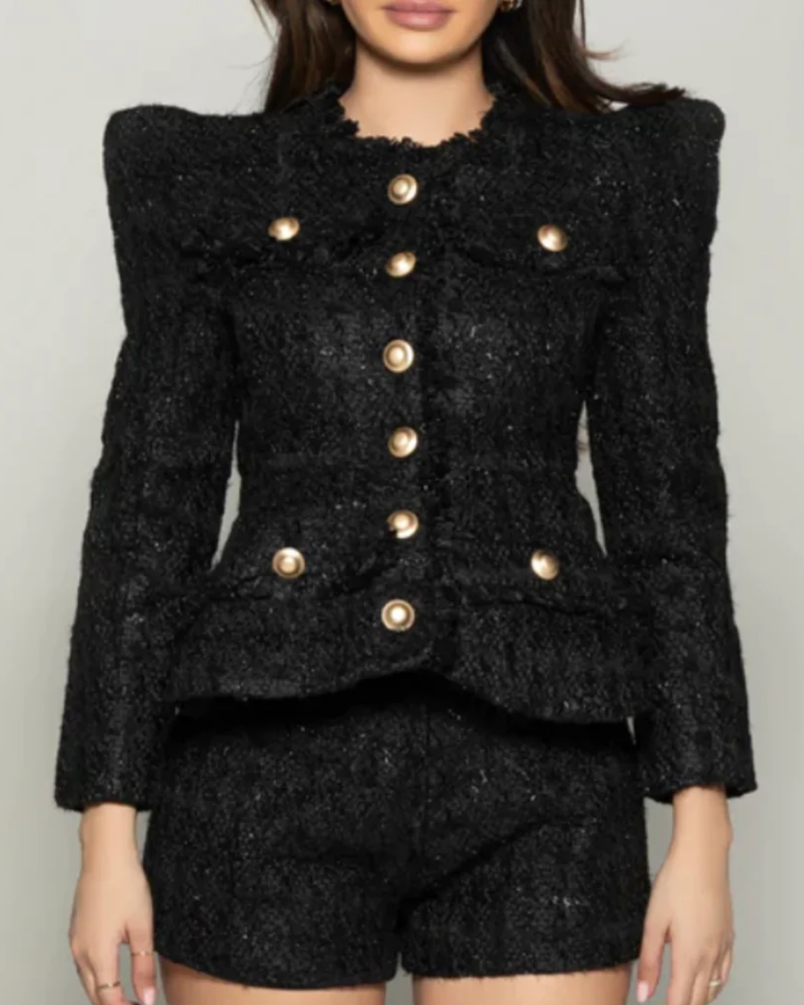 2-Piece Gold Button Tweed Jacket & Skirt Set