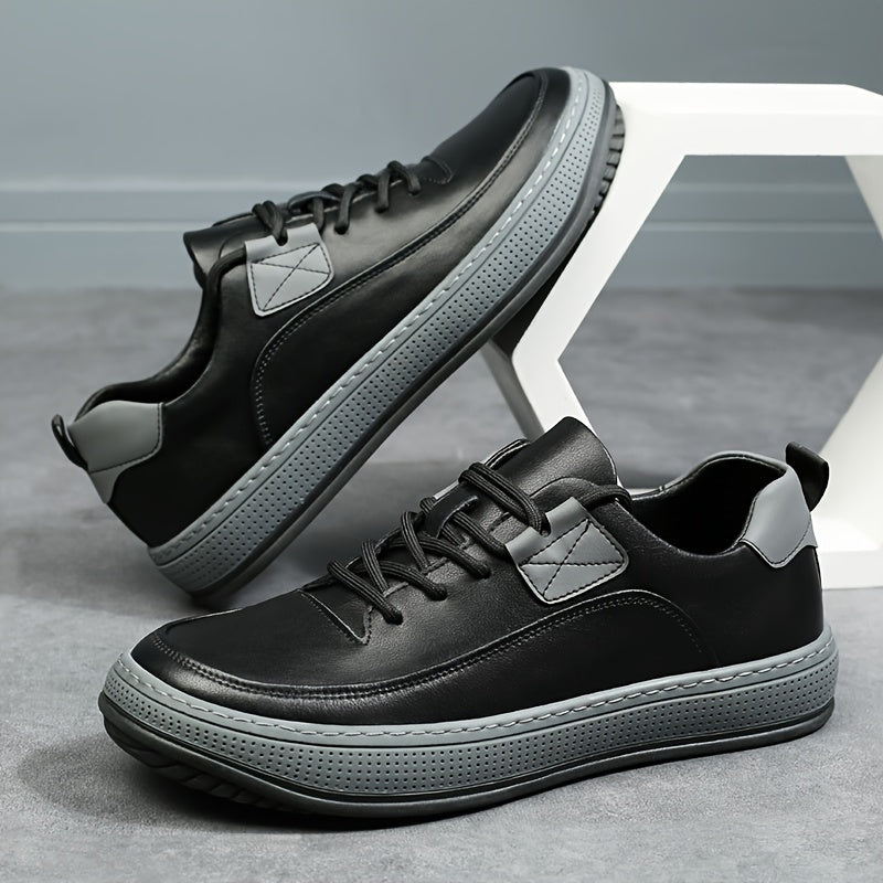 Scarpe da ginnastica casual in vera pelle da uomo, stile sportivo preppy, tinta unita, per tutte le stagioni, con lacci, punta tonda, suola in gomma, soletta sintetica, per escursioni, attività all'aperto, abbigliamento quotidiano e casual.