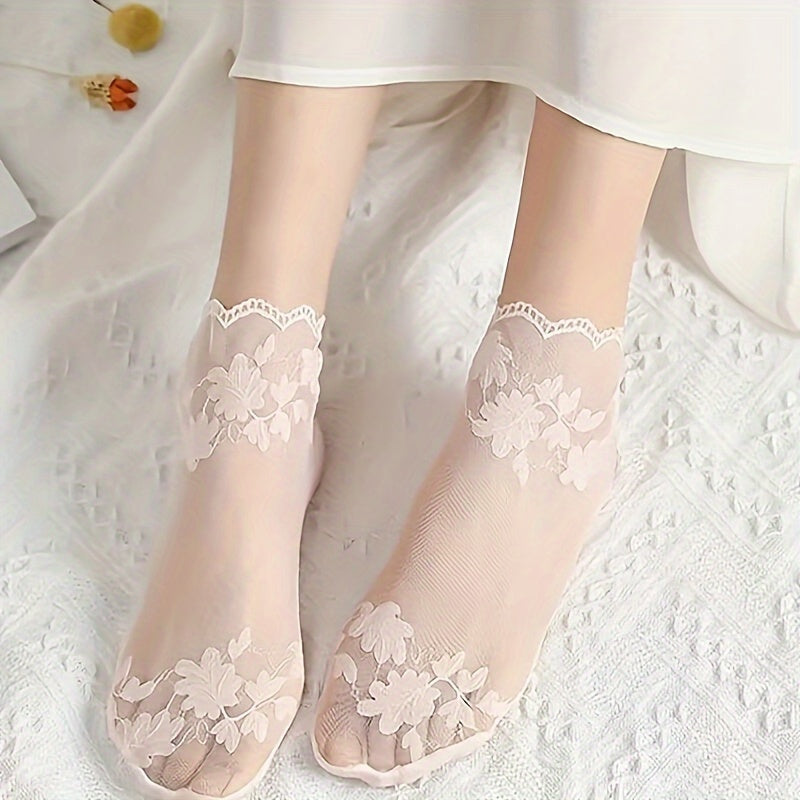 3 Paia di Calzini da Donna in Pizzo Trasparente per l'Estate - Motivo Floreale Nero, Tessuto in Rete Traspirante, Design a Tinta Unita, Lavabile a Mano, Eleganti Accessori per la Calzatura Casual, Calzini Carini