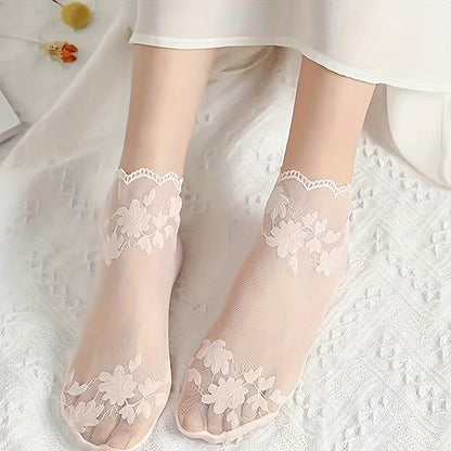 3 Paia di Calzini da Donna in Pizzo Trasparente per l'Estate - Motivo Floreale Nero, Tessuto in Rete Traspirante, Design a Tinta Unita, Lavabile a Mano, Eleganti Accessori per la Calzatura Casual, Calzini Carini