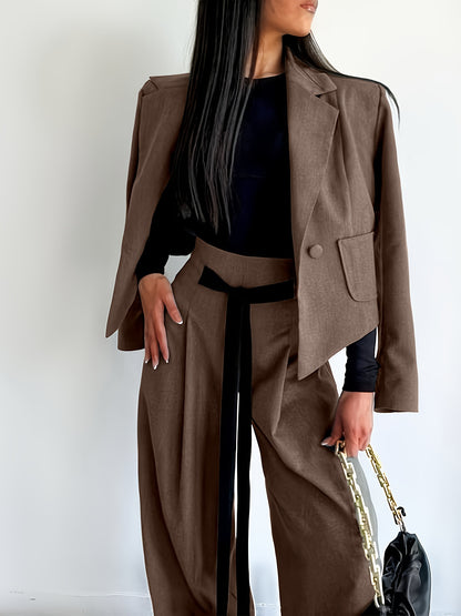 BK052044 Elegant Suit Jacket and Waist-Tie Loose Straight-Leg Wide-Leg Pants Women's Two-Piece Suit