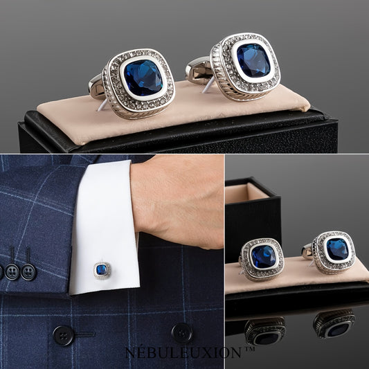 Set di 2 Gemelli NÉBULEUXION Premium Argento con Gemma Blu & Halo di Cristallo - Gemelli Francés Glamour per Matrimoni, Banchetti, Cerimonie, Affari | Regalo Ideale
