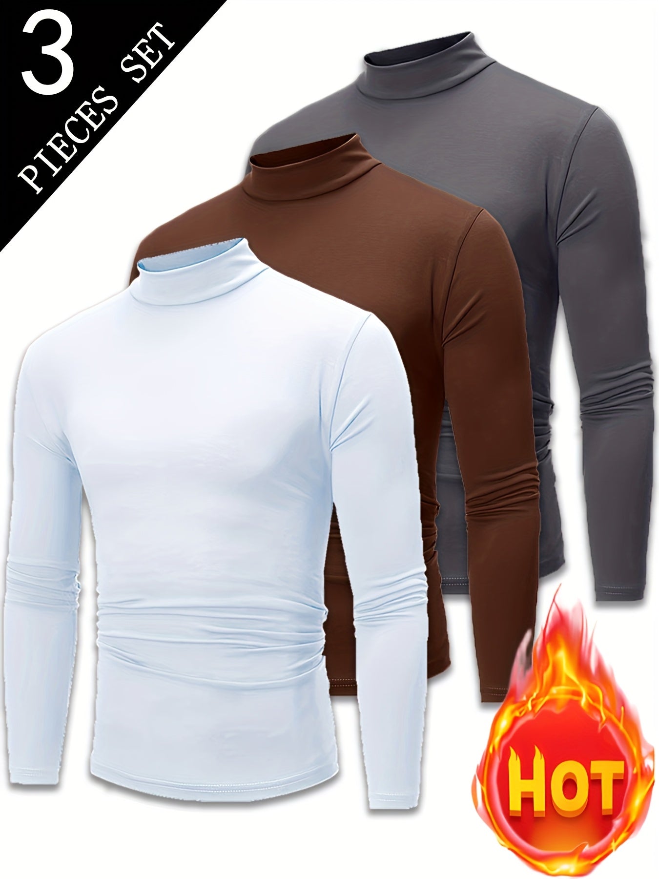 3pcs Camicie a maniche lunghe con collo alto in pile termica per uomo - Slim Fit Stand Collar Base Layer, Top casual invernali a tinta unita per strati, Bianco/Nero/Azzurro marino, Essenziali per il tempo freddo, Collo alto elegante, Camicia comoda