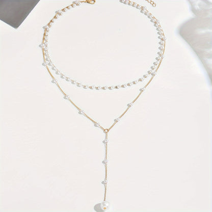 1pezzo Collier Elegante a Doppio Strato con Perle Finte e Fiocchi - Stile Vintage, Lega di Zinco, Conteggio di Perline Regolabile per Indossare Ogni Giorno e in Occasione, Accessorio per Tutte le Stagioni