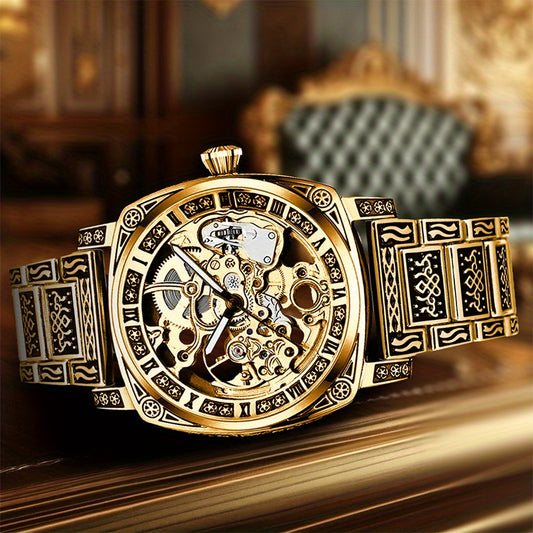1pc Orologio meccanico creativo a striscia di acciaio giallo per uomo giovane, senza batteria