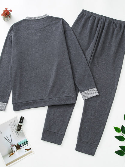 Pigiama invernale da uomo in pile, pigiama casual in poliestere lavorato a maglia, manica lunga, scollo Henley, motivo geometrico, vestibilità comoda, abbigliamento da notte per uso domestico