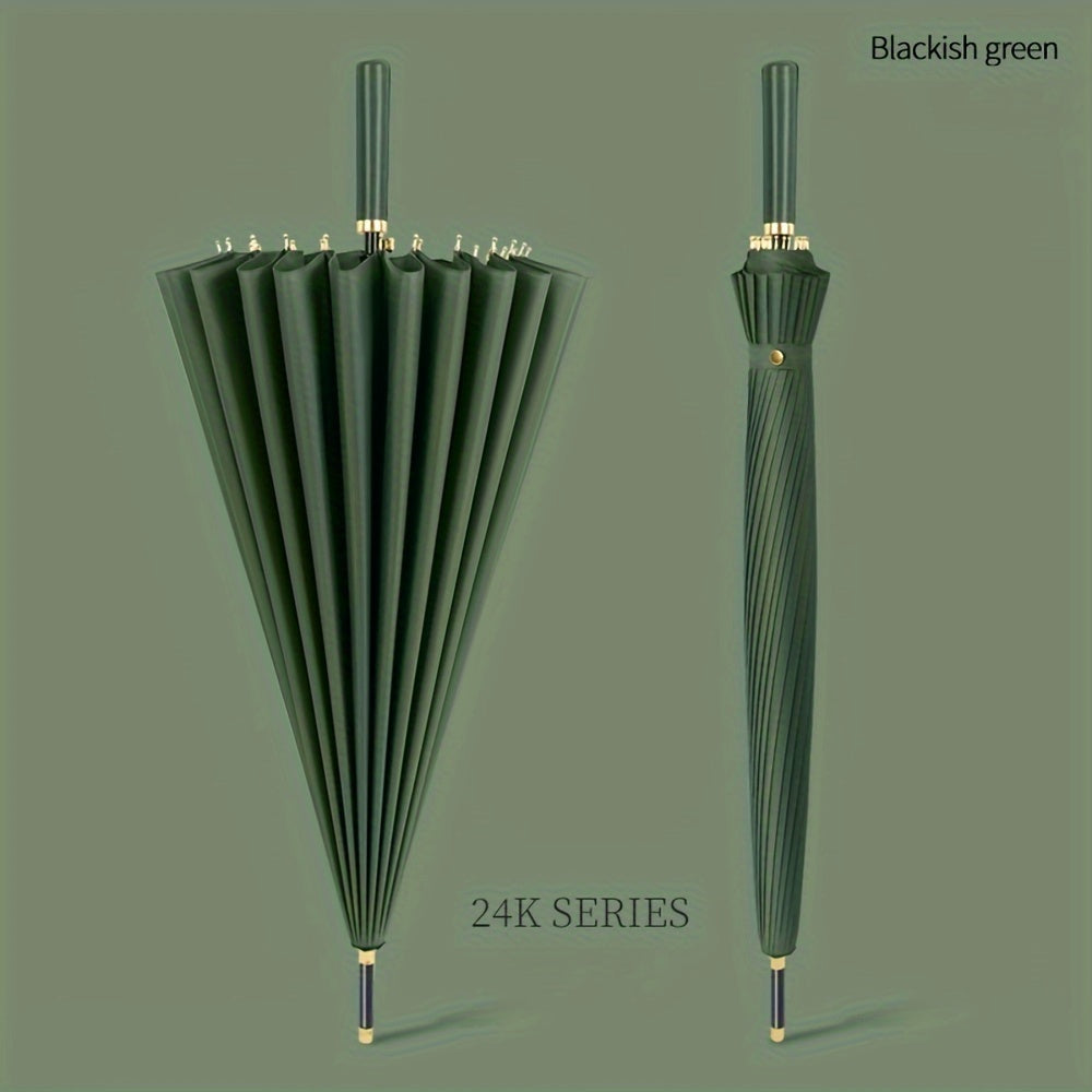 Ombrello a vento a 24 rib con manico lungo - Ombrello da golf e viaggio automatico, design nero resistente per uomini e donne, ideale per escursioni, golf e avventure all'aperto, attrezzatura da escursionismo, elegante close-up, apertura semiautomatica