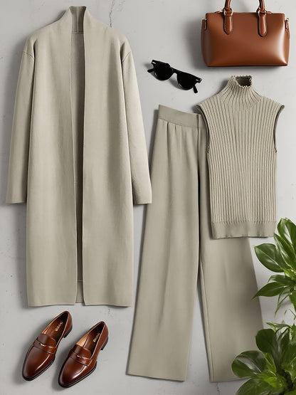 Set Invernale da Donna 3 Pezzi - Elegante Tuta Ispirata al Stile Coreano con Blazer a Collo, Pantaloni a Gamba Larga e Giacca | Lavabile a Mano per Ufficio e Semi-Formale, Beige/Marrone/Blu Navy/Taupe (Non Lavare a Secco)