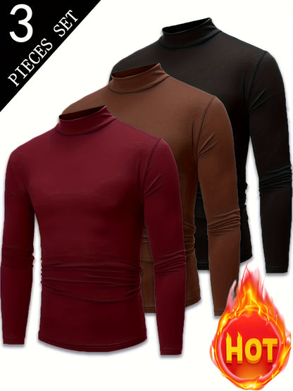 3pcs Camicie a maniche lunghe con collo alto in pile termica per uomo - Slim Fit Stand Collar Base Layer, Top casual invernali a tinta unita per strati, Bianco/Nero/Azzurro marino, Essenziali per il tempo freddo, Collo alto elegante, Camicia comoda