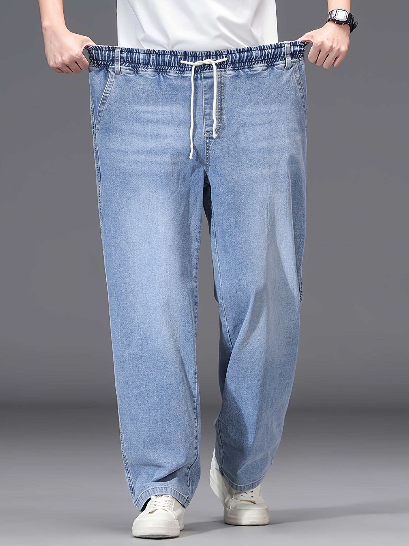 Linea - Jeans azzurri leggeri da uomo, taglia grande, con vita elastica, stile casual, comodi