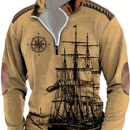 Maglietta polo a maniche lunghe con stampa di vela vintage per uomo, casual in poliestere 100% con maglia, vestibilità regolare con colletto a revers e zip, leggermente elasticizzata, 180 g/m² - Collezione autunnale