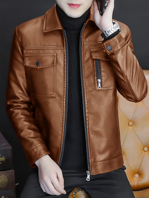 Linea Classic - Giacca da uomo autentica - Stile bomber marrone con chiusura a cerniera