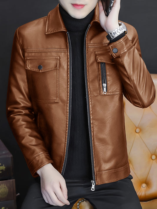 Linea Classic - Giacca da uomo autentica - Stile bomber marrone con chiusura a cerniera