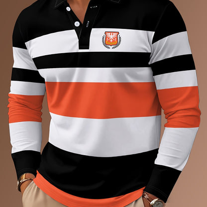 Maglietta polo casual da uomo a maniche lunghe con stampa digitale 3D - Design a righe nere e bianche, colletto con bottoni, vestibilità regolare per abbigliamento casual, abbigliamento confortevole | Stile polo classico | Abbigliamento casual resistente,