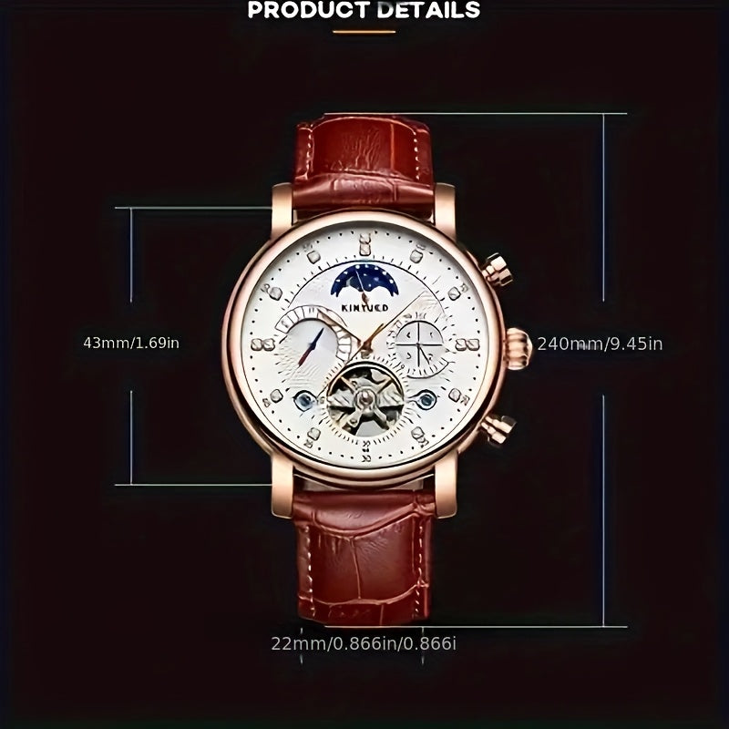 Orologio meccanico automatico da uomo KINYUED con luna e stelle, orologio da polso multifunzione, perfetto per regali festivi, senza batteria