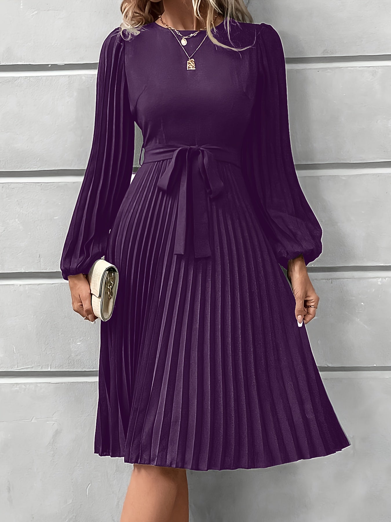 Women'S Elegant Formal & Everyday dress - Long Lantern Sleeves, Adjustable Waist Tie Belt, Flattering A-Line Silhouette, Knee-Length Party Wedding Office Outfit in - Easy-Care Women'S Clothing, Versatile Wardrobe Staple, Sophisticated Pleated Skirt, Durab