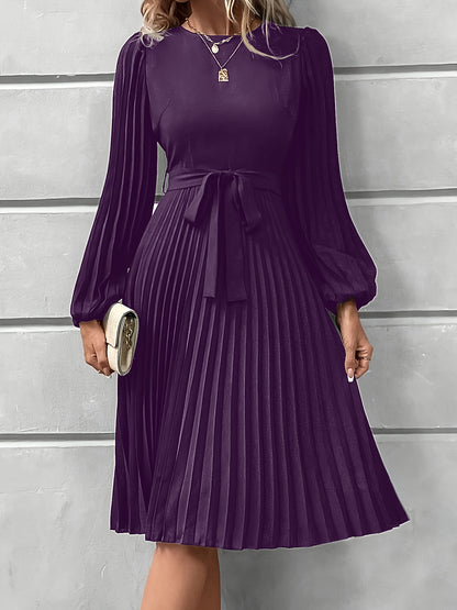 Women'S Elegant Formal & Everyday dress - Long Lantern Sleeves, Adjustable Waist Tie Belt, Flattering A-Line Silhouette, Knee-Length Party Wedding Office Outfit in - Easy-Care Women'S Clothing, Versatile Wardrobe Staple, Sophisticated Pleated Skirt, Durab