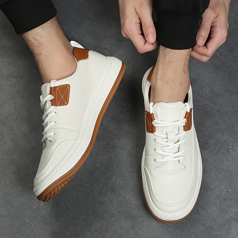 Scarpe da ginnastica casual in vera pelle da uomo, stile sportivo preppy, tinta unita, per tutte le stagioni, con lacci, punta tonda, suola in gomma, soletta sintetica, per escursioni, attività all'aperto, abbigliamento quotidiano e casual.