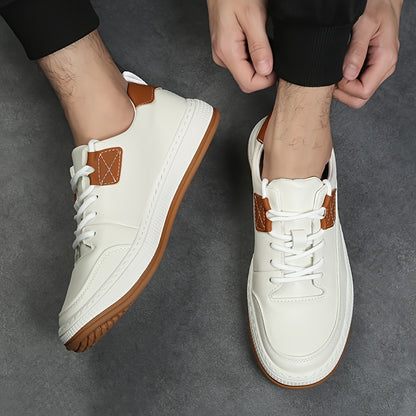 Scarpe da ginnastica casual in vera pelle da uomo, stile sportivo preppy, tinta unita, per tutte le stagioni, con lacci, punta tonda, suola in gomma, soletta sintetica, per escursioni, attività all'aperto, abbigliamento quotidiano e casual.