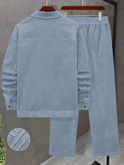 Set autunnale e invernale da uomo 2 pezzi con tessuto a coste intrecciate, tasche a doppia lavorazione, giacca a maniche lunghe e pantaloni larghi con coulisse, abito maturo per uscite casuali/ufficio/appuntamenti, 100% poliestere, lavabile a mano e in la