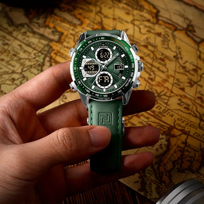 Orologio Sportivo di Lusso da Uomo NAVIFORCE al Quarzo - Impermeabile, Cinturino in Vera Pelle, Doppia Esposizione con Funzioni Data e Cronografo, Cassa in Acciaio Inossidabile, Accenti Verdi, Orologio di Lusso|Dotato di Tacimetro|Cinturino in Vera Pelle