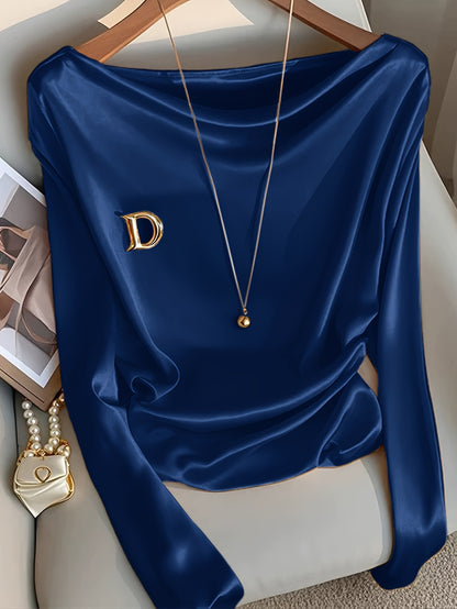 Maglietta elegante a maniche lunghe da donna - Colore solido, vestibilità slim, scollo a giro, poliestere, perfetta per feste, appuntamenti e lavoro, top elegante per tutti i giorni|Top a maniche lunghe e sottili|Tessuto in poliestere