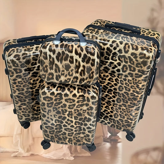 Valigia con Motivo Leopardo 14+20+24+28 14+20 Pollici con Ruote Girevoli a 360°, Borsa a Mano in Materiale ABS+pz, Confezione Regalo per Compleanno