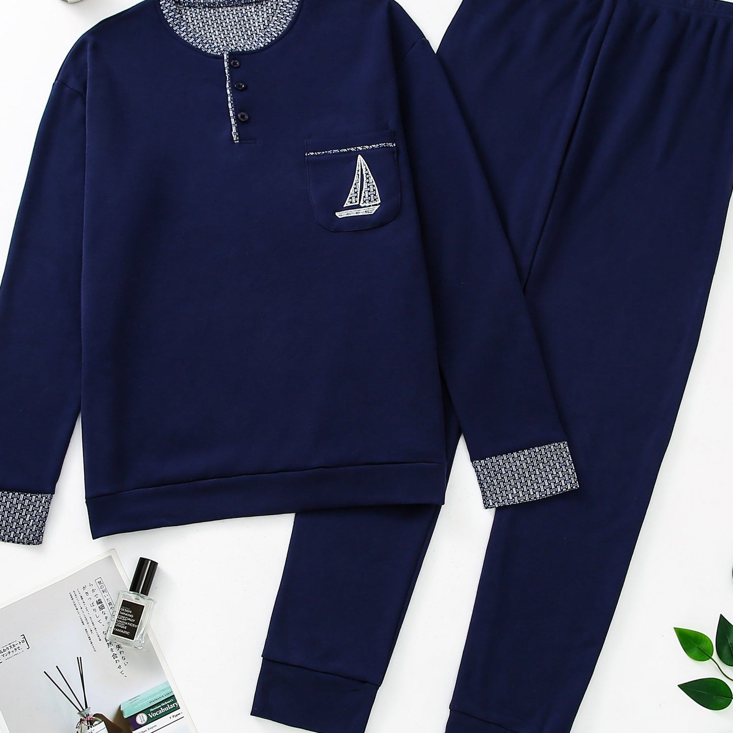 Pigiama invernale da uomo in pile, pigiama casual in poliestere lavorato a maglia, manica lunga, scollo Henley, motivo geometrico, vestibilità comoda, abbigliamento da notte per uso domestico