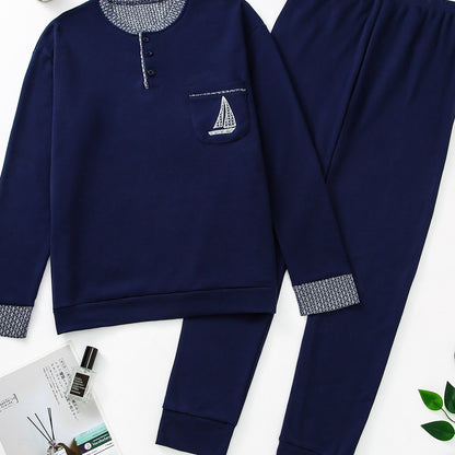Pigiama invernale da uomo in pile, pigiama casual in poliestere lavorato a maglia, manica lunga, scollo Henley, motivo geometrico, vestibilità comoda, abbigliamento da notte per uso domestico