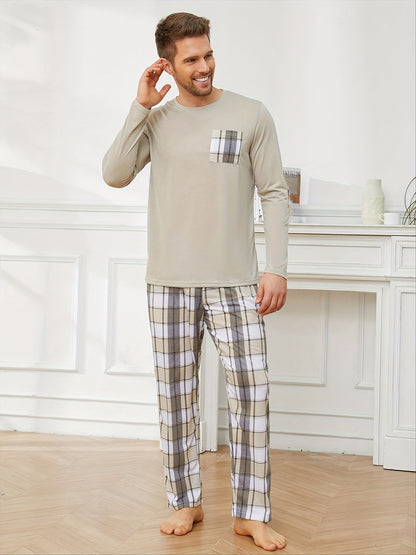 Set da pigiama primaverile/autunnale da uomo, maglietta casual con maniche lunghe e stampa a maniche lunghe, pantaloni lunghi casual da uomo, pigiama da uomo