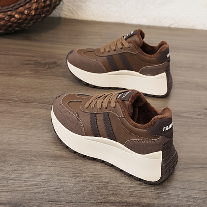 Scarpe da ginnastica invernali da donna con fodera in pile - Scarpe basse con lacci in pelle sintetica con design ricamato e suola spessa e morbida, ideali per un look casual e sportivo, scarpe da ginnastica invernali | Scarpe invernali alla moda | Suola