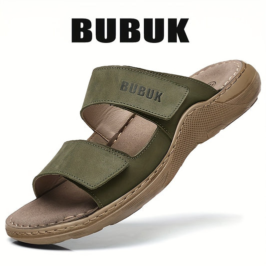 Pantofole da Uomo in Vera Pelle con Chiusura Regolabile e Strappo, Suola in PU, Tomaia in Pelle Pieno Fiore - Scarpe Casual Comode per Tutte le Stagioni, Ideali per Spiaggia, Viaggi e Uso Quotidiano (Nessun Periodo di Adattamento)