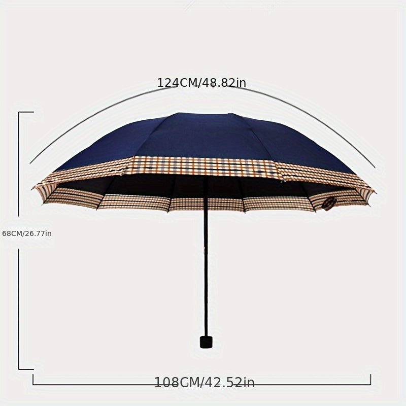 Ombrello pieghevole grande con 10 stecche, ombrello extra-large a tre pieghe per due persone, motivo britannico business, elegante e alla moda per uomini e donne