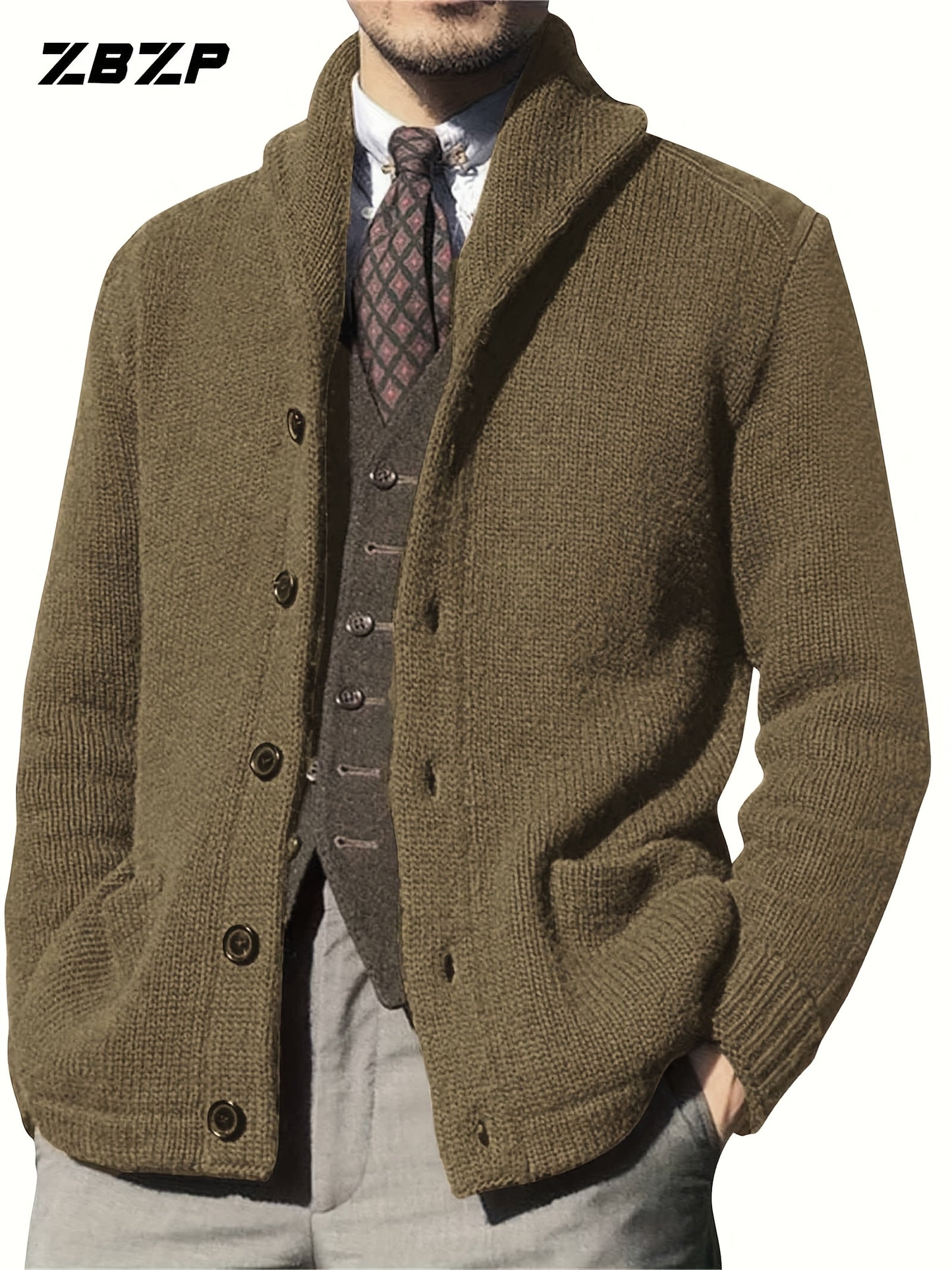 Maglione Uomo ZBZP Marrone con Bottoni - Cappotto in Maglia Pesante con Collo Alto, Modello A339 per Occasioni Formali e Casual Invernali, Comodo da Indossare Ogni Giorno, Taglio Classico Largo e Tessuto Resistente