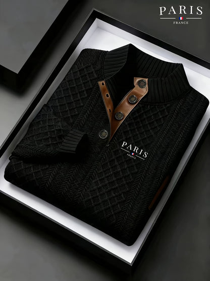 Maglione da uomo pesante in maglia 280g/m² - Blu navy e marrone, colletto con risvolto e bottoni, maglione invernale a maniche lunghe per clima freddo, ufficio, outfit casual - Regalo ideale per uomo, maglione, abbigliamento da ufficio, maglieria texturiz