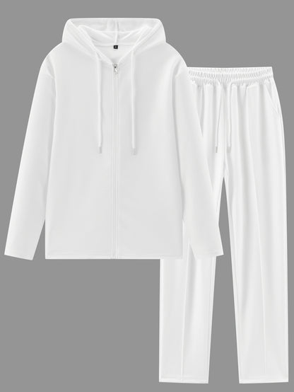 Set di 2 pezzi per uomo con cardigan con cappuccio e zip e pantaloni con coulisse - Pullover casual a maniche lunghe con tasche frontali, colore solido, outfit comodo per la primavera/autunno, abbigliamento per la primavera/autunno | Pullover con cappucci