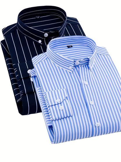 1+1pz Camicia Uomo a Righe con Maniche Lunghe - Colletto Casual, Tessuto Leggero, Ideale per Vacanze al Mare, Appuntamenti e Regali, Top Classico a Righe
