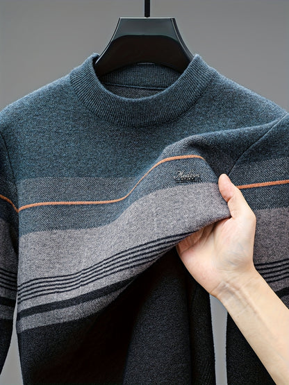 Maglione a maniche lunghe da uomo in maglia - Morbido pullover elasticizzato con strisce marroni/orizzontali, maglione invernale a girocollo per outfit di tutti i giorni e formali, regalo ideale per la festa del papà, marito, fidanzato - Abbigliamento aut