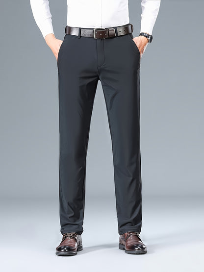 2025 Nuovi Pantaloni da Uomo in Tessuto Fibra Slicky Ice ad Alta Elasticità - tocco liscio, traspirante e elasticizzato, vestibilità regolare a vita media con dettagli di bottoni per ufficio e casual, comfort per tutte le stagioni, abbigliamento da uffici