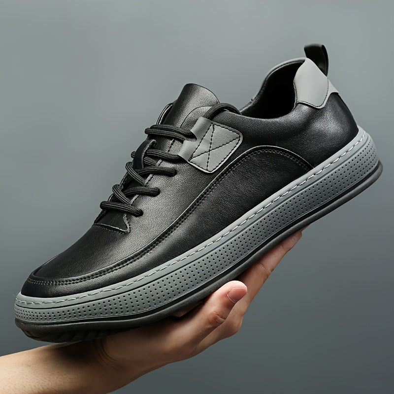 Scarpe da ginnastica casual in vera pelle da uomo, stile sportivo preppy, tinta unita, per tutte le stagioni, con lacci, punta tonda, suola in gomma, soletta sintetica, per escursioni, attività all'aperto, abbigliamento quotidiano e casual.