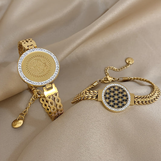 1pz Braccialetto In Acciaio Inossidabile Con Fiori E Uccelli, Rotondo Con Strass In Rilievo, Braccialetto A Cerchio Del Fiore Della Vita