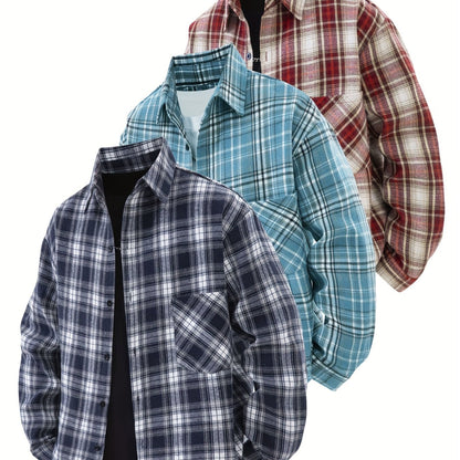 Set di 3 camicie a quadri da uomo - Camicie casual a vestibilità ampia con bottoni, colletto, maniche lunghe e tasche sul petto per abbigliamento primaverile/autunnale da esterno, capispalla versatili e alla moda, abbigliamento primaverile autunnale | Des
