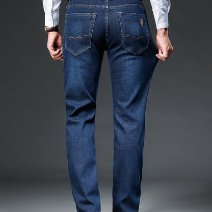 Pantaloni casual a gamba dritta con chiusura a bottoni, tasche e cintura marrone, finitura lavata blu chiaro per l'autunno/inverno, abbigliamento confortevole | Pantaloni a gamba dritta in denim finto | Design classico della tasca