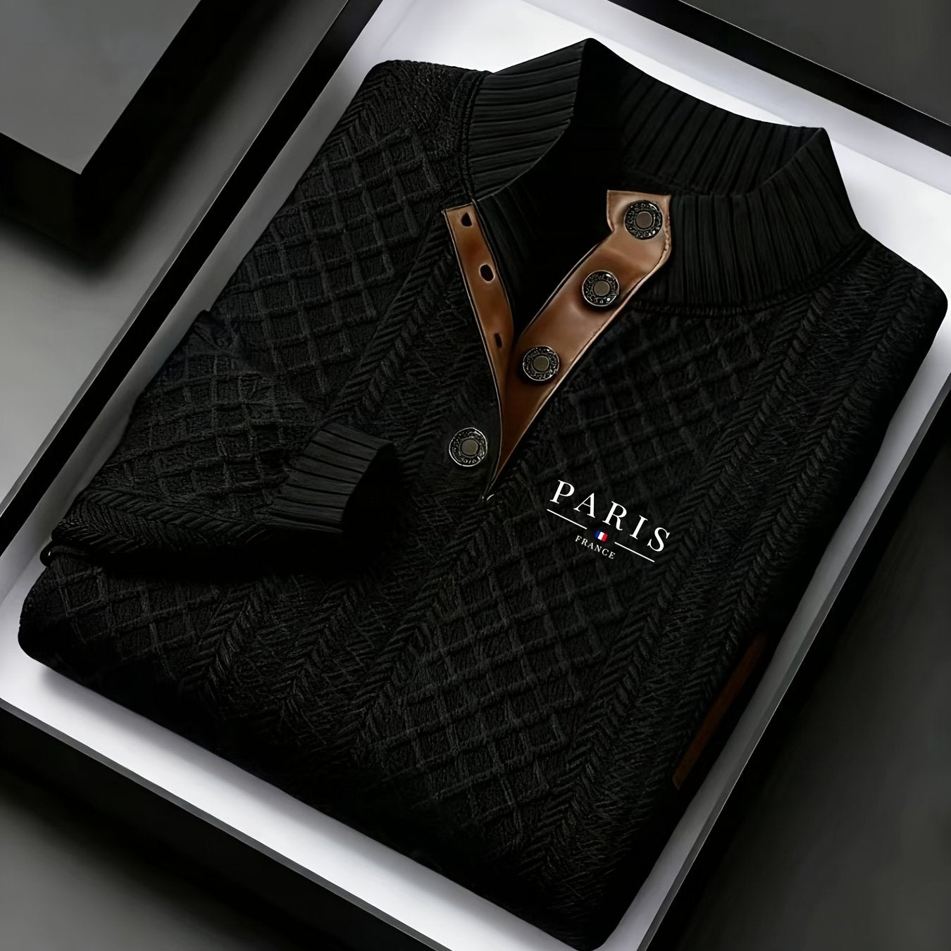 Maglione da uomo pesante in maglia 280g/m² - Blu navy e marrone, colletto con risvolto e bottoni, maglione invernale a maniche lunghe per clima freddo, ufficio, outfit casual - Regalo ideale per uomo, maglione, abbigliamento da ufficio, maglieria texturiz