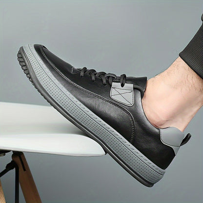 Scarpe da ginnastica casual in vera pelle da uomo, stile sportivo preppy, tinta unita, per tutte le stagioni, con lacci, punta tonda, suola in gomma, soletta sintetica, per escursioni, attività all'aperto, abbigliamento quotidiano e casual.