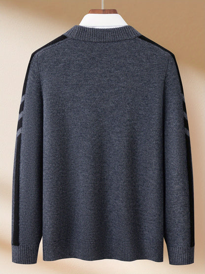 Maglione da uomo con scollo a giro e strisce laterali - Spesso, con maniche lunghe per l'autunno/inverno, strato casual per riunioni all'aperto e abbigliamento quotidiano, abbigliamento invernale | Maglione con strisce laterali | Tessuto lavorato a maglia