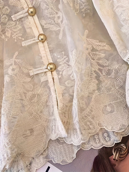 Women's Elegant Chinese-Style Embellished Blouse - Semi-Sheer Stand Collar Button-Front Jacket with Golden-Tone Floral/Butterfly/Lanterns/Clouds Patches, White Traditional Asian-Inspired Top for Weddings & Cultural Events (Machine, Elegant Two Piece Sets