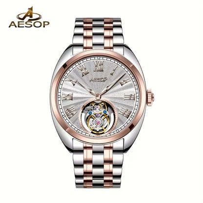 Orologio Meccanico di Lusso AESOP Uomo - Movimento True Flying Tourbillon, Carica Manuale con Quadrante Blu e Numeri Romani, Cassa in Acciaio Inossidabile, per Abbigliamento Formale e Casual - Regalo Ideale per Appassionati di Orologi, Design Elegante, Ar