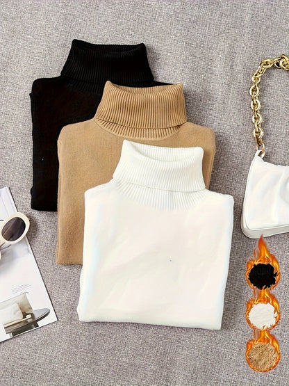 3pz Maglione A Collo Alto Solido, Maglione Casual A Maniche Lunghe Per Autunno E Inverno, Abbigliamento Da Donna